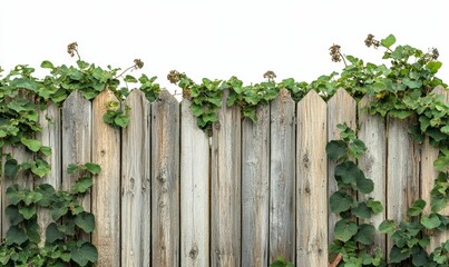 Fototapeta premium Wooden fence covered with lush green vines.