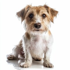 Small, wet, fluffy dog sits;  tan and white fur.