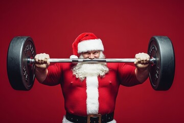 Santa father, handsome, bearded, and cheerful, is seen exercising in a fit manner while wearing a warm festive coat, all set against a vibrant and bright red background.