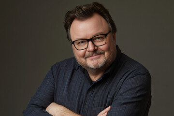 Obraz premium Confident middle aged man posing in casual attire with natural lighting, ideal for lifestyle, professional, and fashion-themed imagery highlighting modern confidence, style, and masculinity