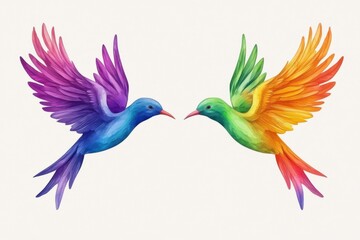 Vibrant Dual Hummingbirds with Rainbow Feathers Facing Each Other in Flight
