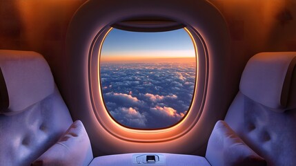 Airplane cabin sunset view from window seat.