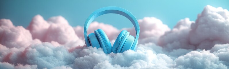Fototapeta na wymiar Pair of blue headphones sitting on top of a cloud