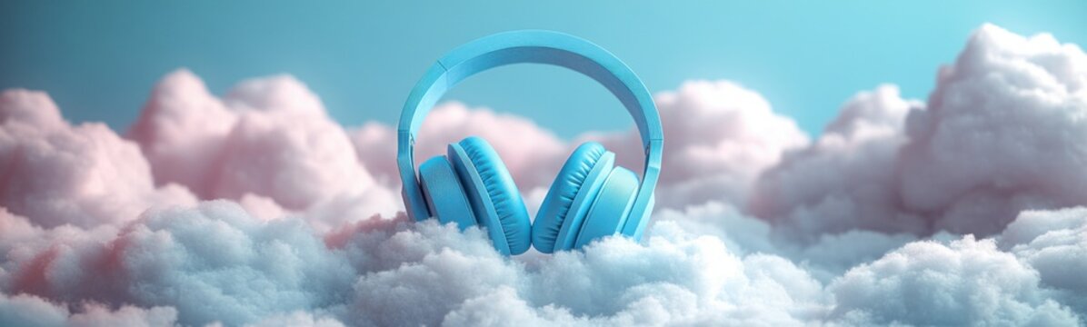 Pair of blue headphones sitting on top of a cloud