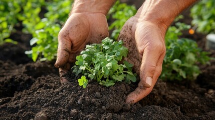 Planting a Seedling: Hands Gently Placing a Young Plant into Rich Soil