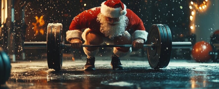 During the holiday season, Santa Claus dedicates time to building strength and maintaining fitness by lifting weights in a gym. Wide web banner.