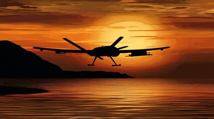 Fototapeta premium Silhouette of drone flying over ocean at sunset.