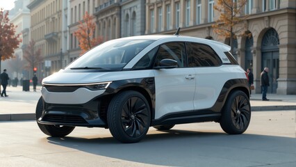 Sleek electric vehicle parked on a vibrant urban street during twilight hours