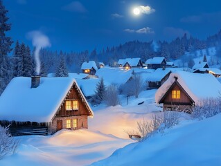 Scene of a snow-covered village on a peaceful winter night