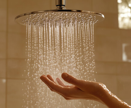 Intensive Dusche mit Wasserstrahlen und Handinteraktion

