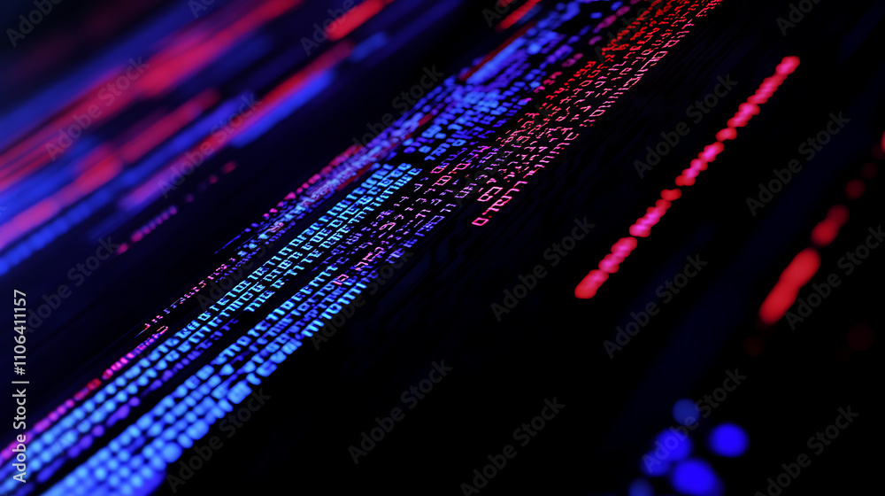 Poster A closeup of digital code on a screen with blue and red lines representing data flow