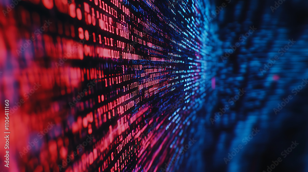 Aufkleber A closeup of digital code on a screen with blue and red lines representing data flow