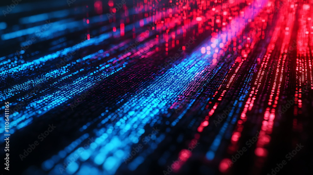 Poster A closeup of digital code on a screen with blue and red lines representing data flow