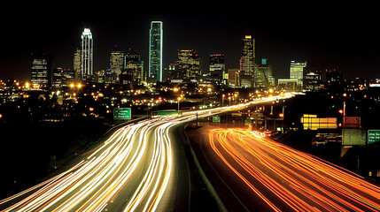 Obraz premium A city skyline at night with light trails from cars driving on the highway creating dynamic lines of motion and energy