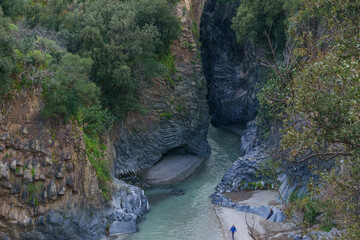 Gole dell Alcantara gorge formed by basalt columns with river near to Etna volcano, Motta Camastra,...