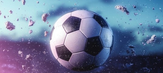 Fototapeta premium Classic Black and White Soccer Ball In Motion, Surrounded By Dynamic Particles Effect.