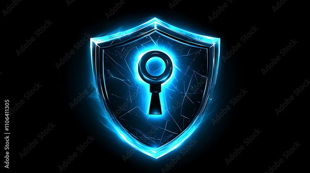 Poster a digital shield with keyhole icon glowing in blue light on dark background