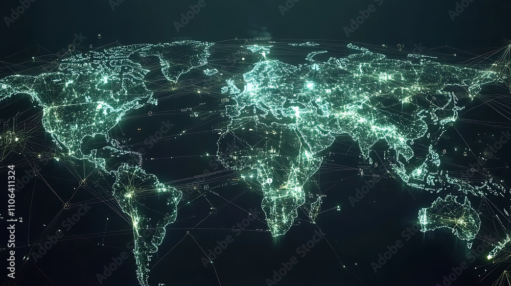 Poster A digital map of the world with interconnected nodes representing global network connections, data flow and cyber security technology
