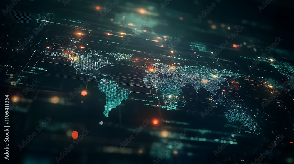 Fototapete A digital map of the world with interconnected nodes representing global network connections, data flow and cyber security technology