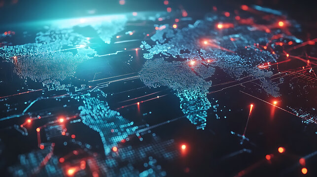 A digital map of the world with interconnected nodes representing global network connections, data flow and cyber security technology
