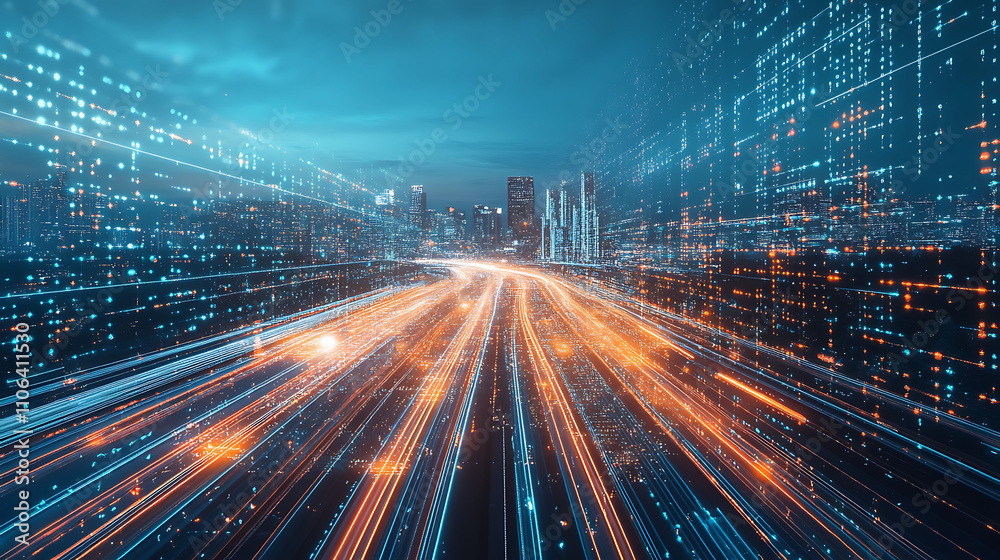 Poster A dynamic cityscape with light trails representing fast movement on the highway