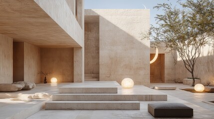 A modern minimalist courtyard with a stone patio, steps, and a tree in the background.