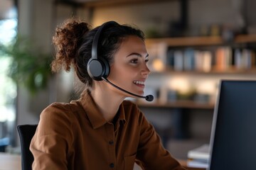 A young woman with curly hair wearing a headset is focused on her computer screen while working from her home office, showcasing modern remote work arrangements.