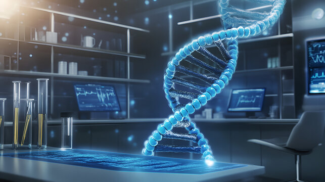 3D representation of DNA structure in a high-tech laboratory setting