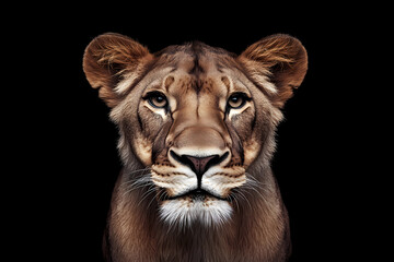 Fototapeta premium Portrait of a lioness on a black background, with a symmetrical face, looking directly at the camera