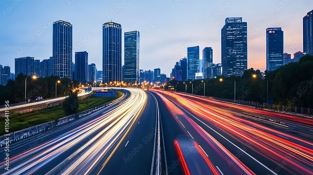Poster Abstract cityscape background with blurred light trails on a highway symbolizing speed and technology in urban life