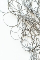 Tangled metallic cords, abstract, white background.