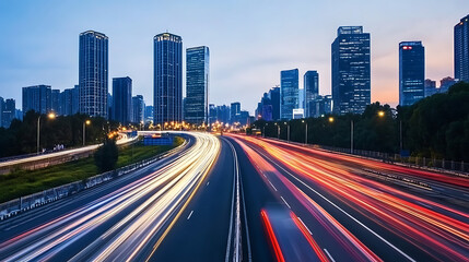 Fototapeta premium Abstract cityscape background with blurred light trails on a highway symbolizing speed and technology in urban life