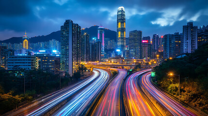 Fototapeta premium Abstract cityscape background with blurred light trails on a highway symbolizing speed and technology in urban life