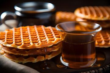 Golden Waffles with Maple Syrup and Coffee