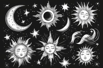 This modern illustration set captures moon phases and Zodiac Signs using a nostalgic vintage engraving technique, highlighting the different stages of moonlight activity.