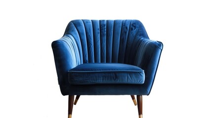 Fototapeta premium Blue velvet armchair with wooden legs in art deco style on white background.