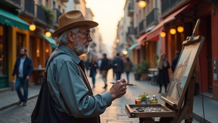 Obraz premium An artist captures the vibrant streets of a quaint town during golden hour
