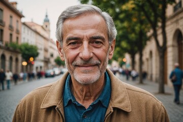 Fototapeta premium Close portrait of a smiling senior Spanish man looking at the camera, Spanish city outdoors blurred background