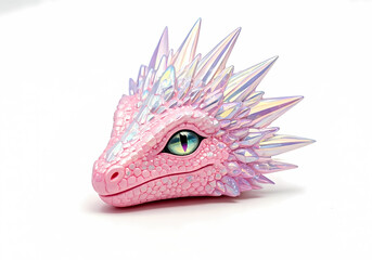 Fototapeta premium Pink lizard dinosaur head ornament with irrediscent crystal spikes white background