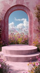A pink arched doorway with a round platform and a view of a field of wildflowers, with pink and yellow blossoms framing the arch.