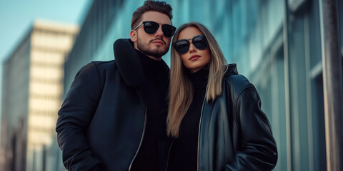 Stylish young caucasian couple in black leather jackets and sunglasses outdoors