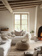 Rustic Living Room With White Sofa And Wooden Beams