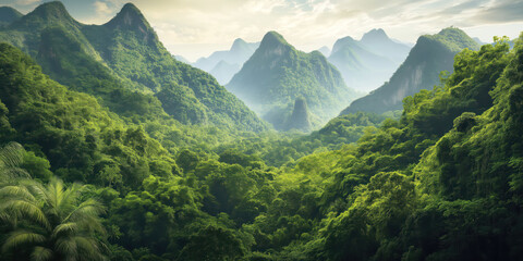 Lush green mountains and dense jungle landscape under clear skies