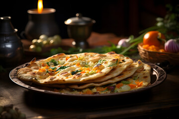 Traditional Garlic and Herb Naan Bread with Vegetable Toppings