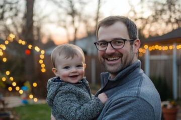 A delightful image showcasing a smiling father with his cheerful child in a cozy backyard adorned with beautiful lights, evoking feelings of warmth and togetherness.