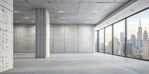 Modern industrial interior with concrete walls and large windows showcasing a city skyline
