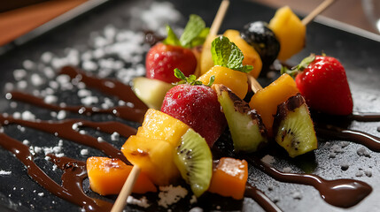 Exotic fruits on skewers, chocolate sauce