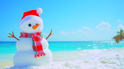 A happy snowman at a tropical beach, framed by the waves in the background.