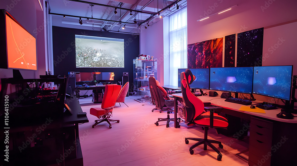 Poster Innovative game design lab with interactive prototypes and user experience testing areas