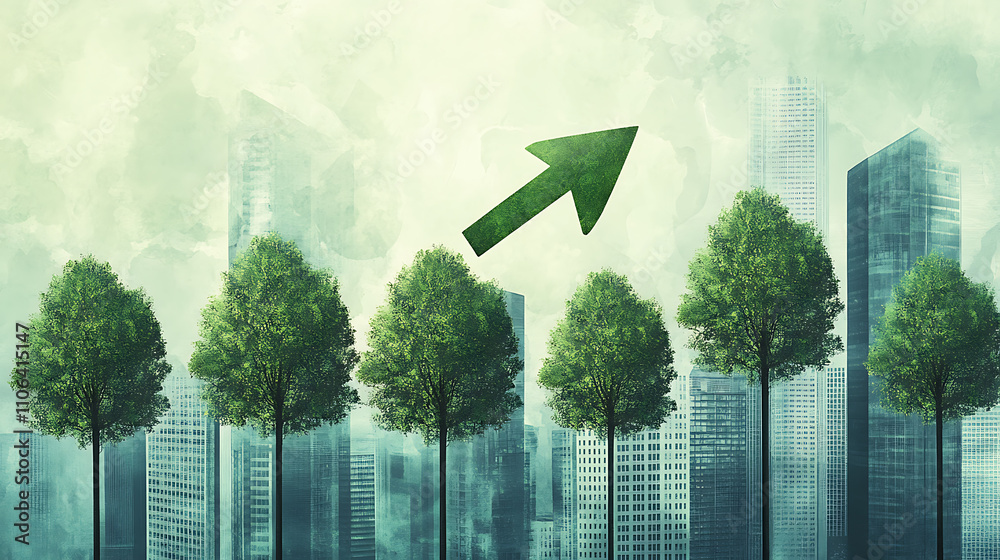 Poster illustration of a lush green trees aligned in a row, with a stylized arrow pointing upwards, signify